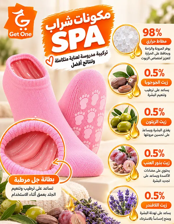 مكونات بطانة جل شراب SPA المرطبة - تحتوي على زيت الجوجوبا وزيت الزيتون وبذور العنب واللافندر للعناية بالقدمين