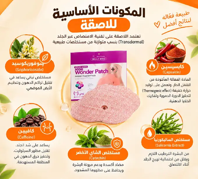 صورة توضح مكونات لاصقة Wonder Patch الأساسية: الكابسيسين، الكافيين، مستخلص الشاي الأخضر، ومستخلص السانجوينا، ومستخلص سوفوراكوسيد